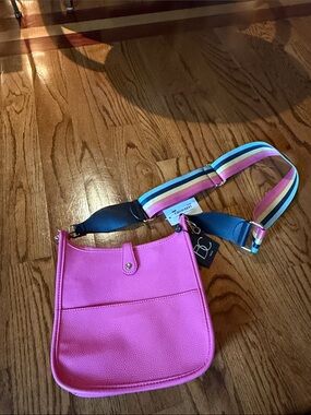 Women's Pink Crossbody Bag with Multicolor Strap
